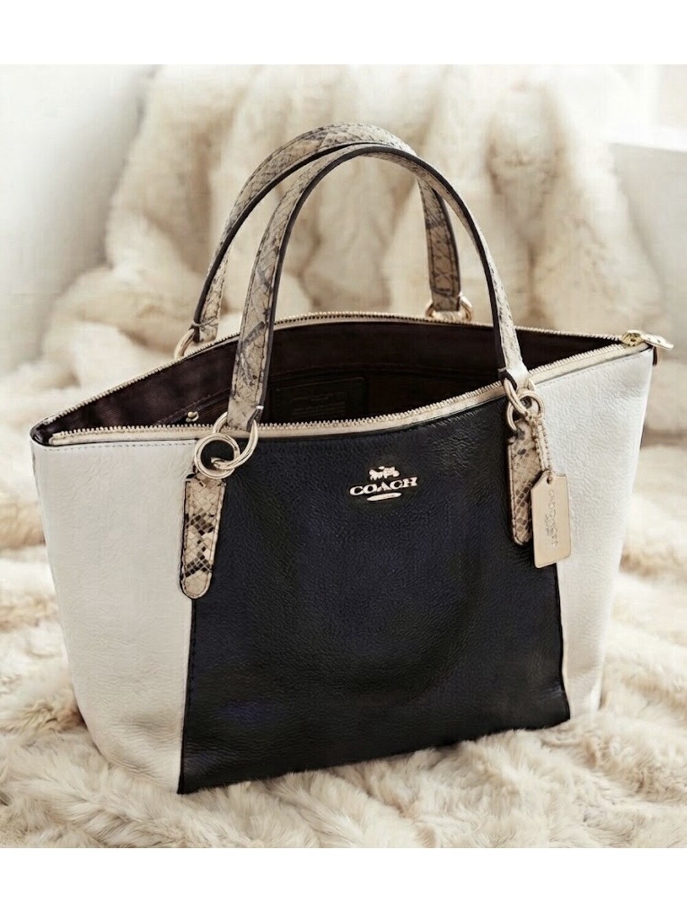 Coach Black White Colorblock Pebbled Satchel Top Handle Zip Gold HW Lined